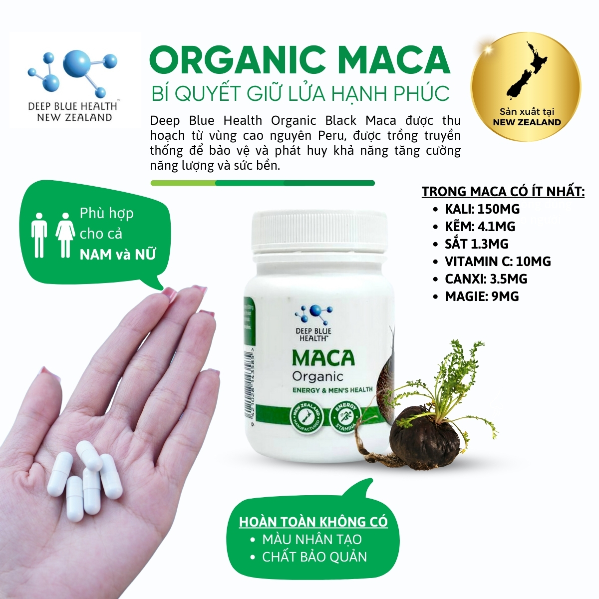 Viên uống tăng cường sinh lý, hỗ trợ nội tiết Deep Blue Health Organic Maca – Hộp 60 viên